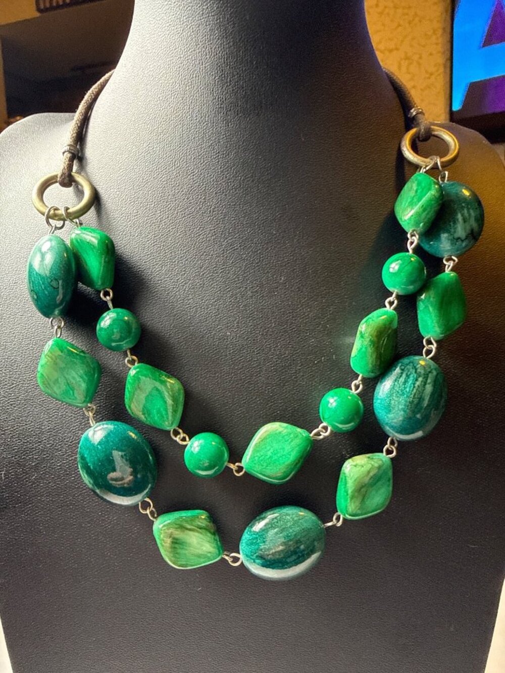 Chunky Marbled Green Malachite Style Double Strand Resin Statement Necklace